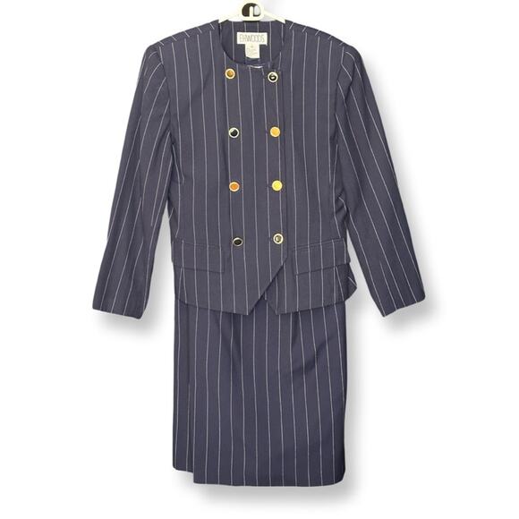 Navy Pinstripe Double-Breasted Blazer with Pencil Skirt Suit Set - Picture 1 of 8